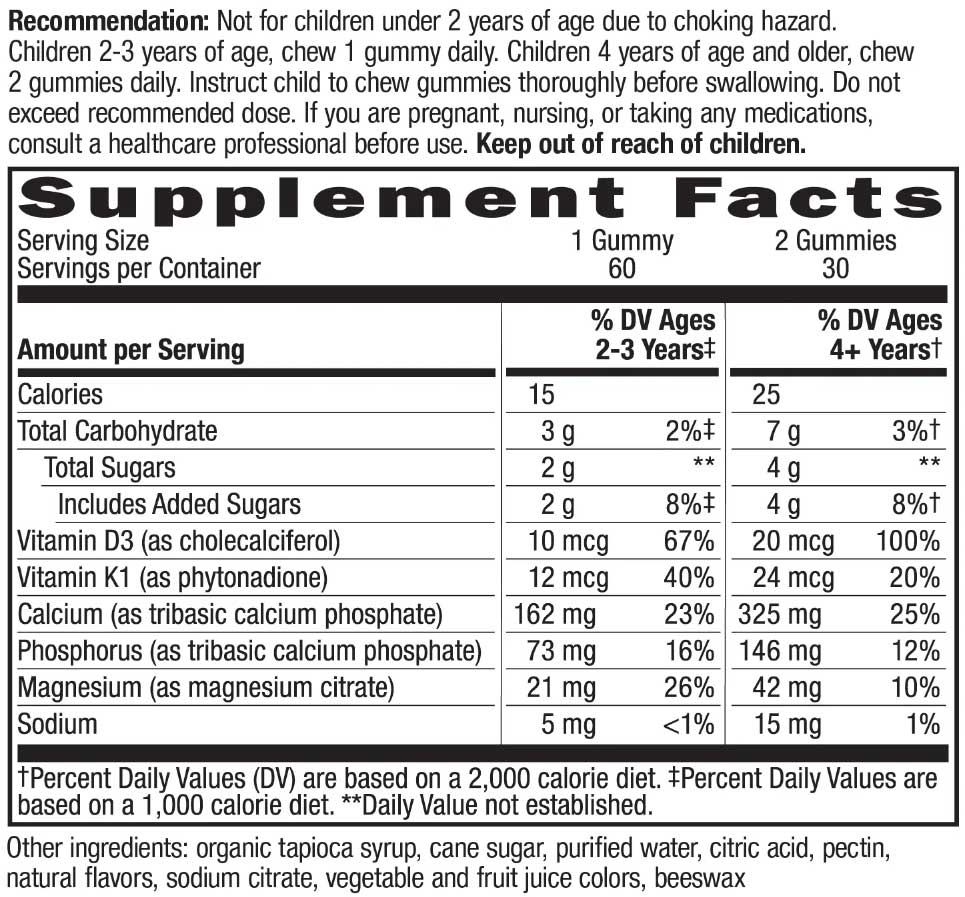 Nature's Way Kids Growing Bones & Muscles Gummy Ingredients