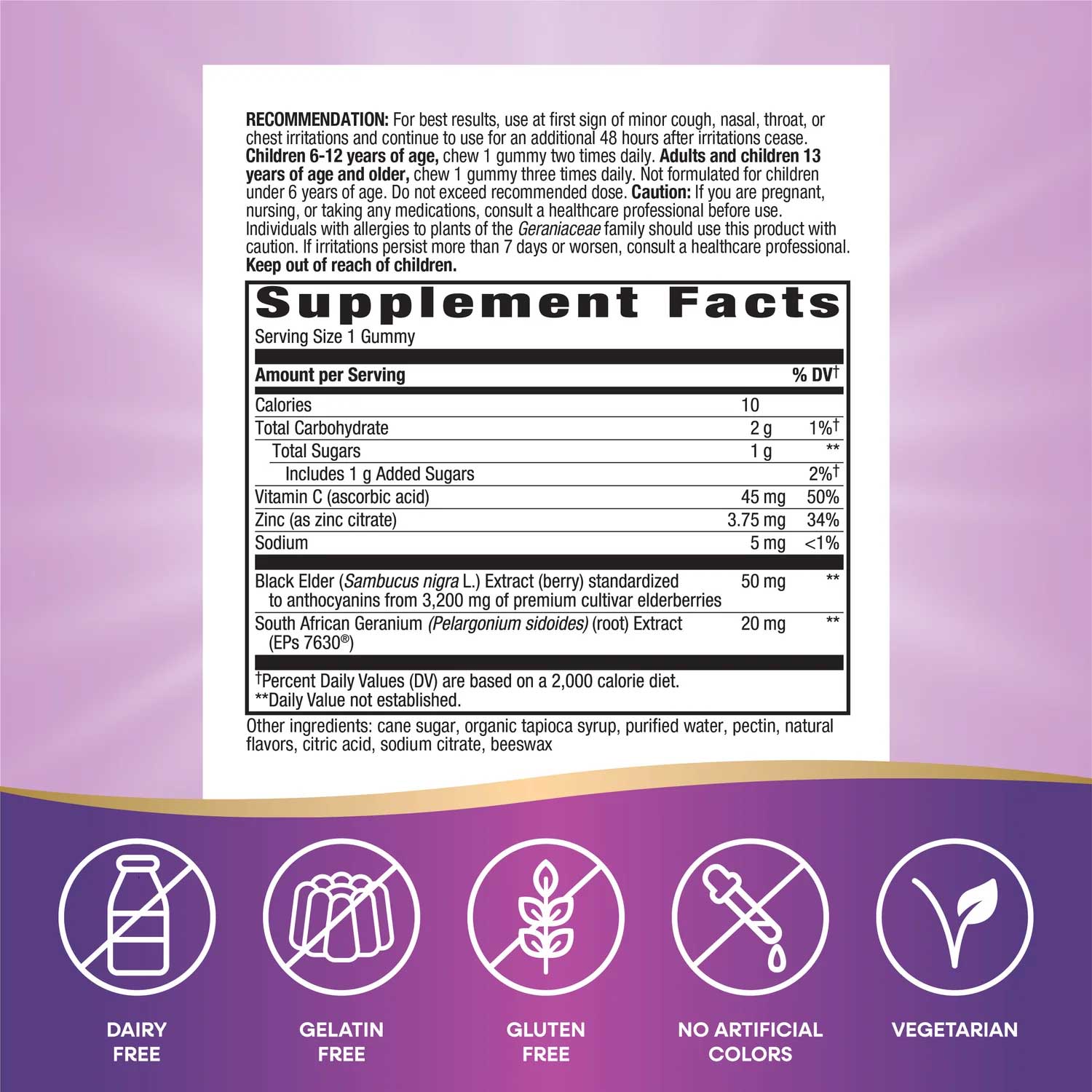 Nature's Way Sambucus Cough Relief + Immune Gummy Ingredients