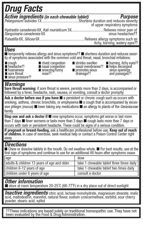 Nature's Way Umcka Allergy + Sinus Relief Chewables Ingredients