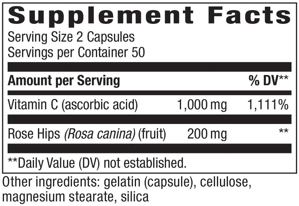Nature's Way Vitamin C with Rose Hips Ingredients