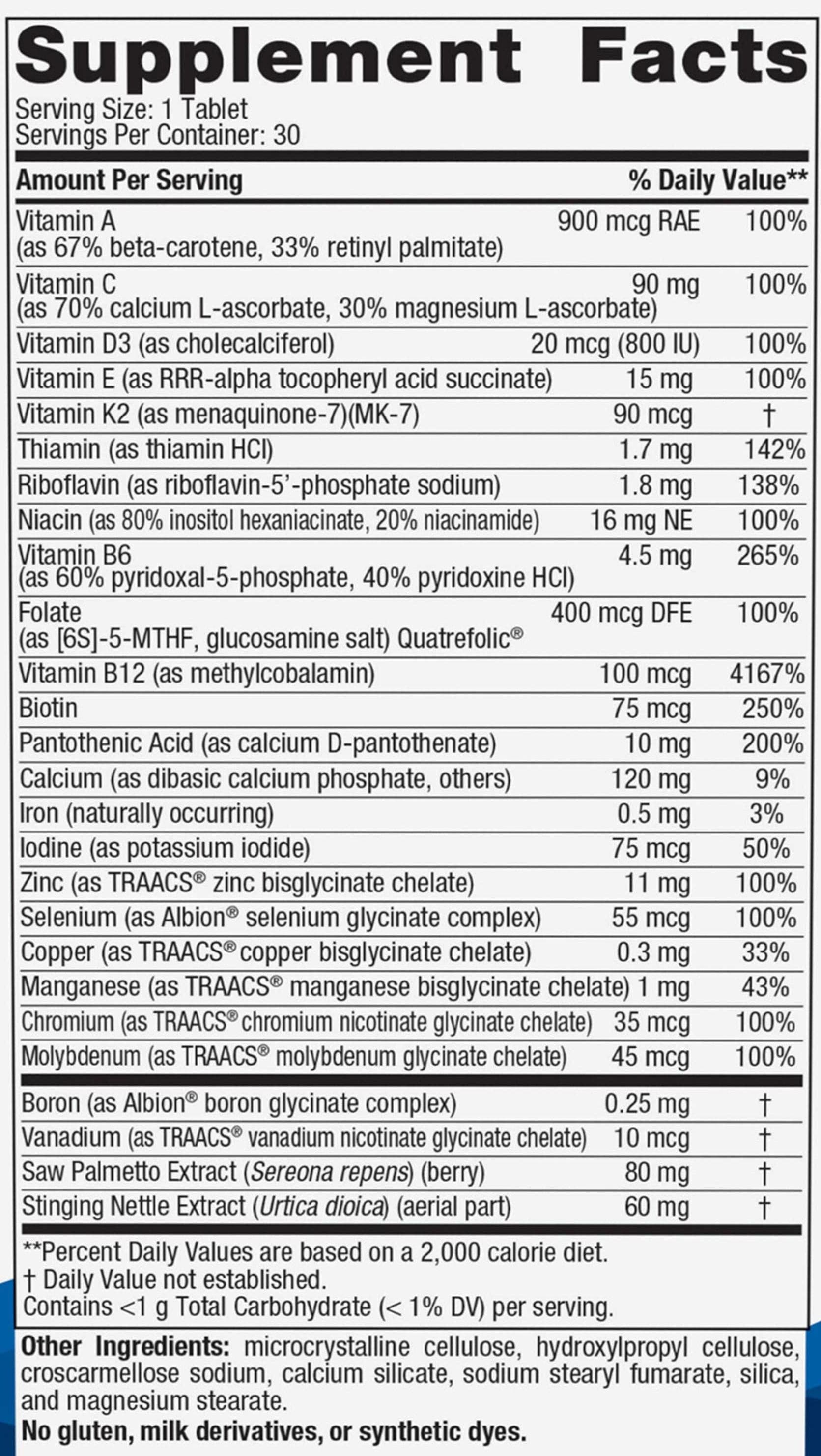 Nordic Naturals Men's Multivitamin One Daily Ingredients 