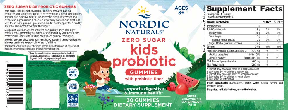 Nordic Naturals Zero Sugar Kids Probiotic Gummies Label