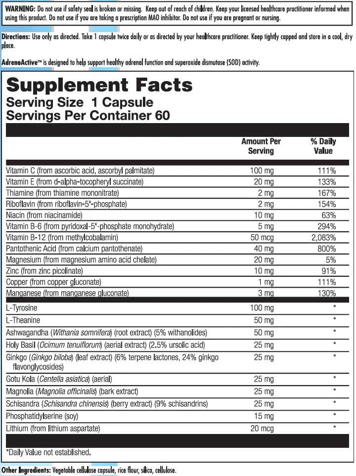 Nutra BioGenesis AdrenoActive Ingredients