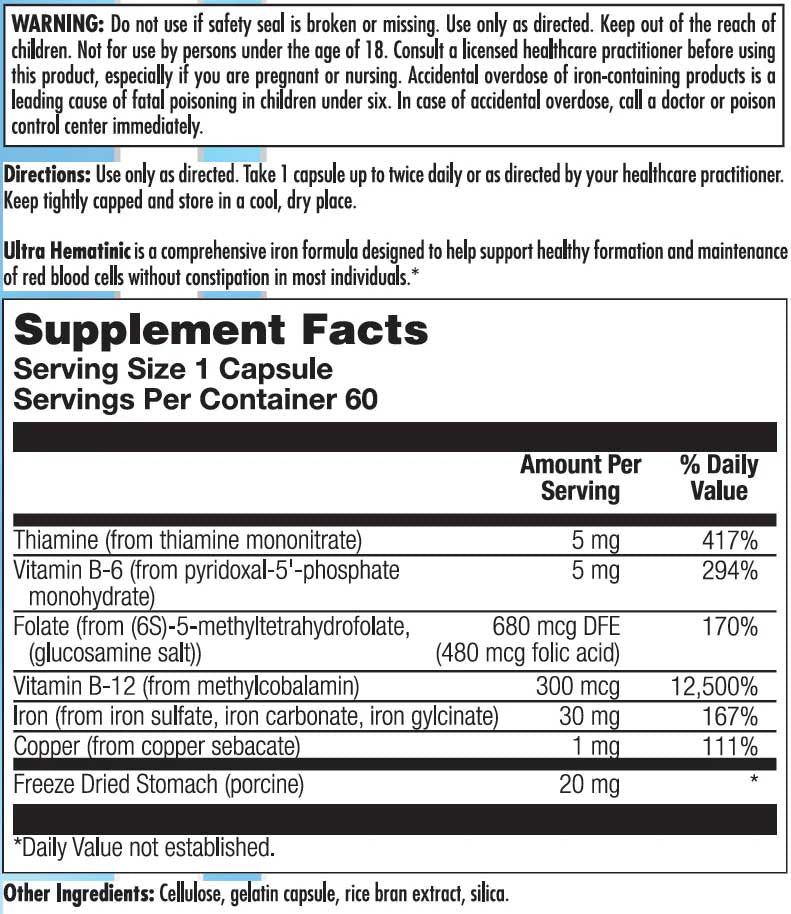 Nutra BioGenesis Ultra Hematinic Ingredients