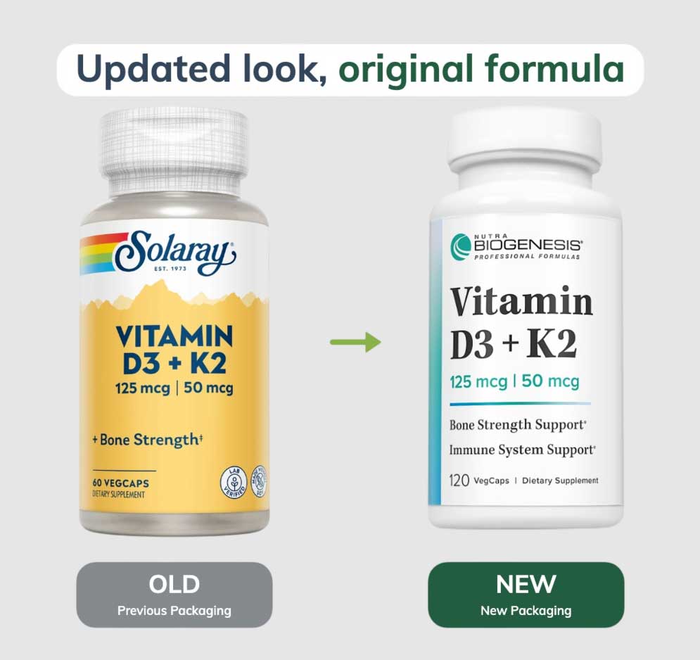 Nutra Biogenesis Vitamin D3 + K2 (Formerly Solaray Vitamin D3 + K2) New Look