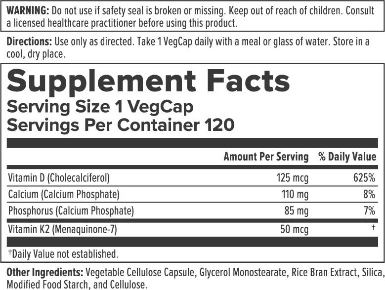 Nutra Biogenesis Vitamin D3 + K2 (Formerly Solaray Vitamin D3 + K2) Ingredients