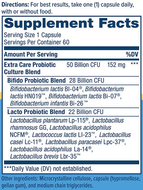 Renew Life Extra Care Digestive Probiotic 50 Billion CFU Ingredients