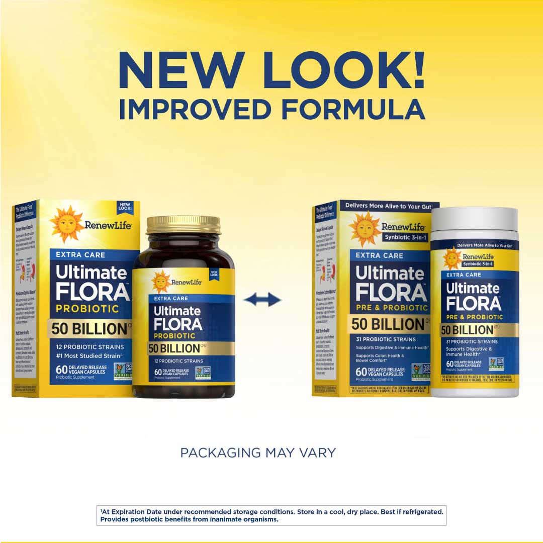 Renew Life Extra Care Ultimate Flora Pre & Probiotic 50 Billion CFU (Formerly Extra Care Digestive Probiotic) New Look