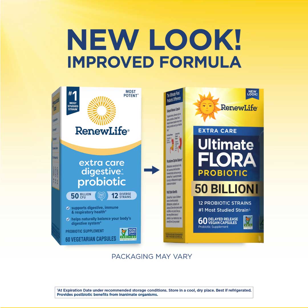 Renew Life Extra Care Ultimate Flora Probiotic 50 Billion CFU (Formerly Extra Care Digestive Probiotic) New Look