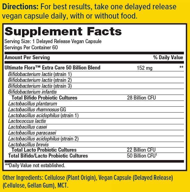 Renew Life Extra Care Ultimate Flora Probiotic 50 Billion CFU (Formerly Extra Care Digestive Probiotic) Ingredients