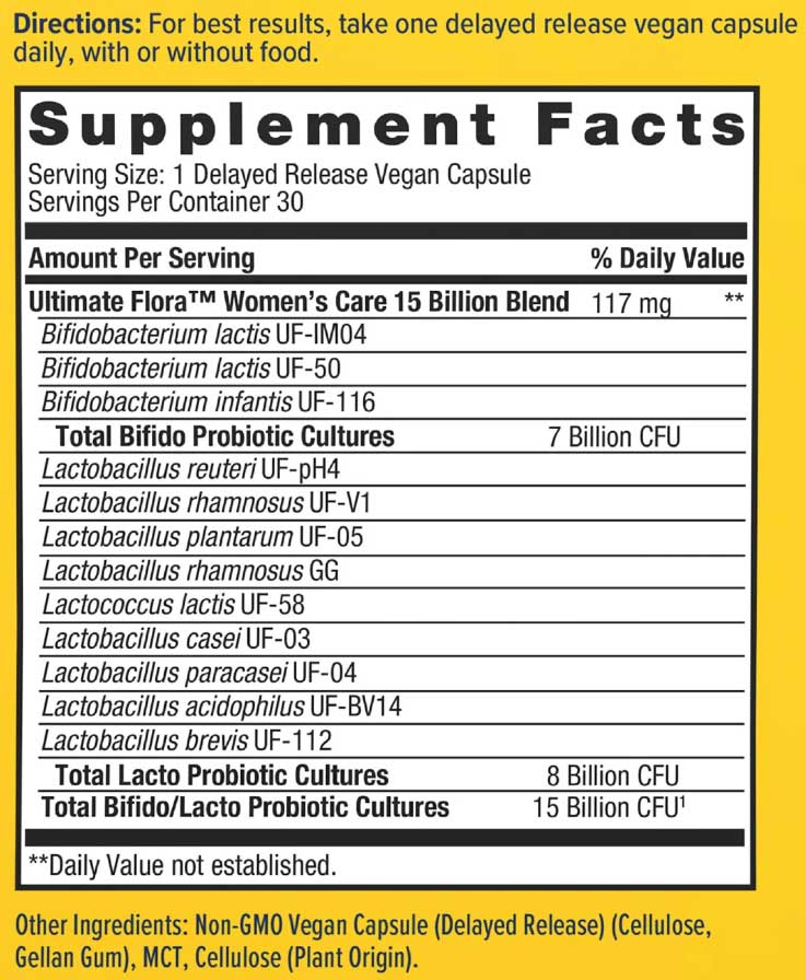 Renew Life Women’s Care Ultimate Flora Probiotic 15 Billion CFU Go-Pack Ingredients