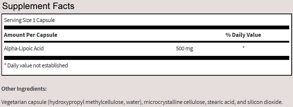 SFI HEALTH (Klaire Labs) Alpha-Lipoic Acid 500 mg Ingredients