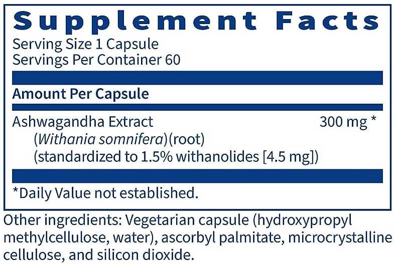 SFI HEALTH (Klaire Labs) Ashwagandha Extract Ingredients