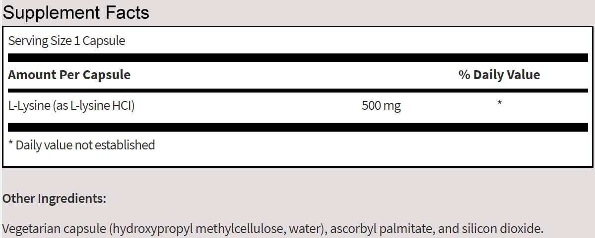 SFI HEALTH (Klaire Labs) L-Lysine 500 mg Ingredients