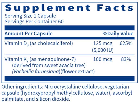 SFI HEALTH (Klaire Labs) Vitamin D Plus K Ingredients