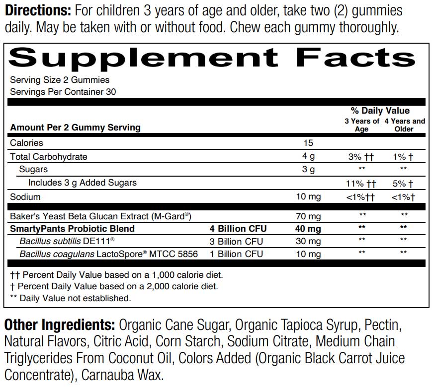 SmartyPants Kids Prebiotic and Probiotic Immunity Formula - Strawberry Ingredients