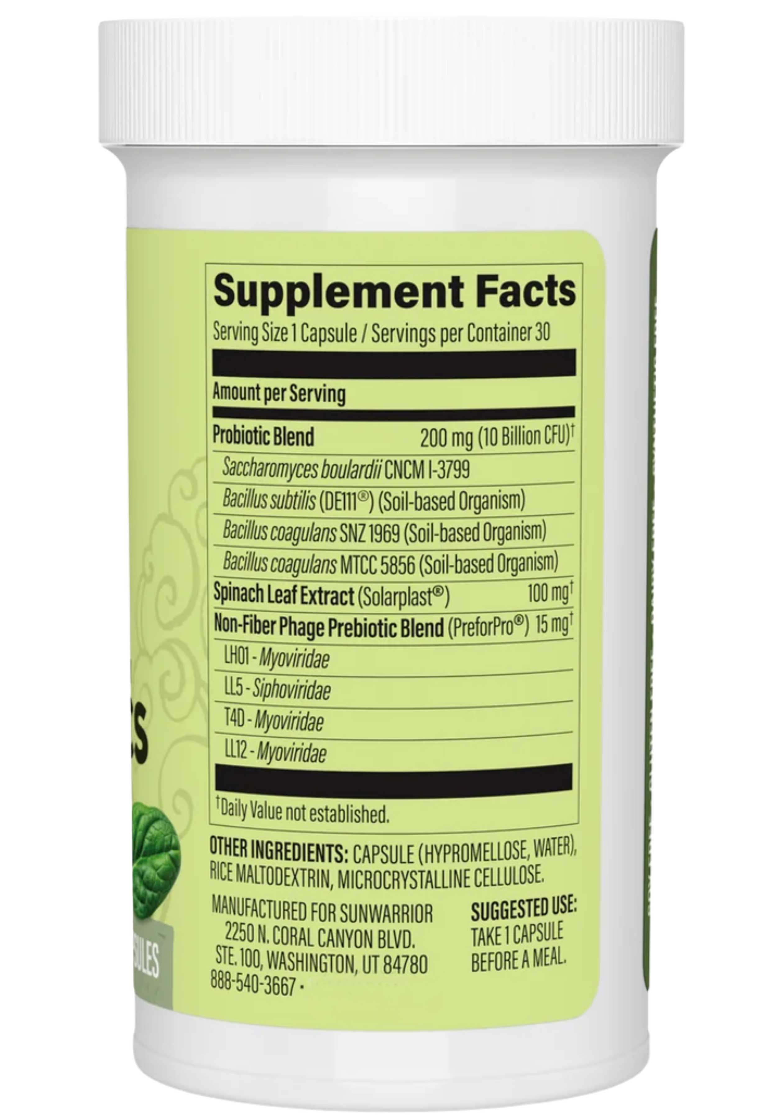 Sunwarrior Probiotics 10 Billion CFU Ingredients