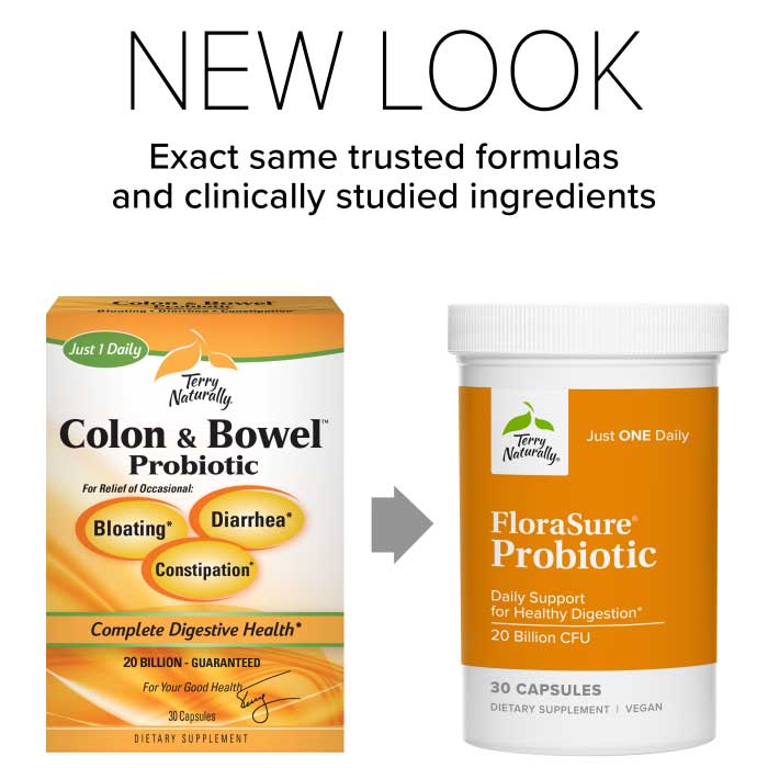 Terry Naturally FloraSure Probiotic (Formerly Colon & Bowel Probiotic) New Look
