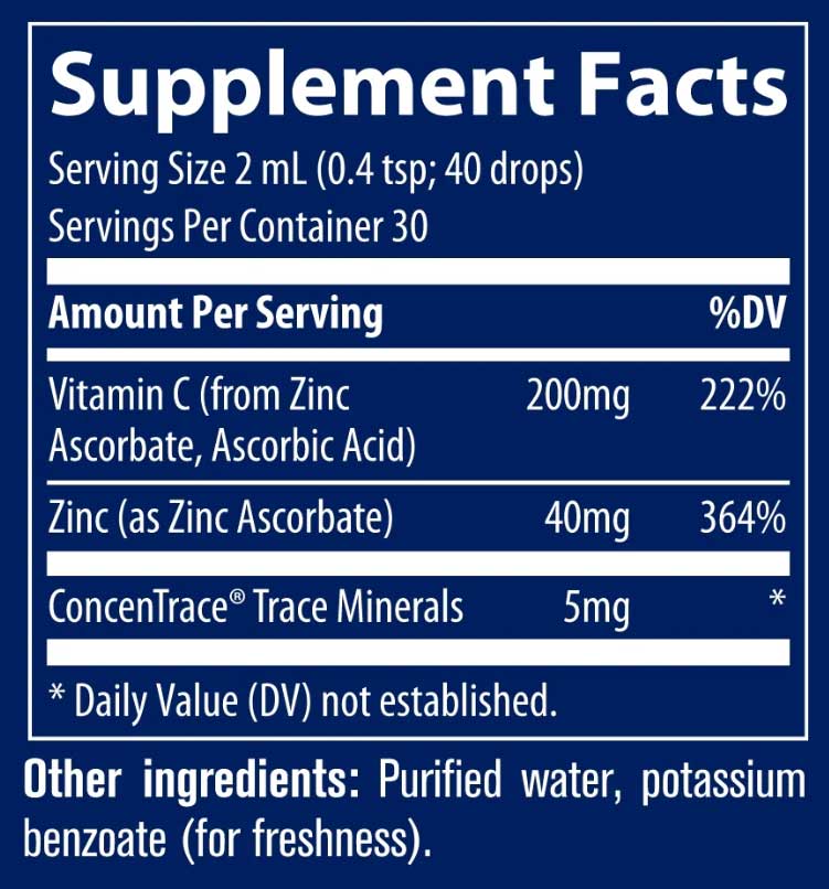 Trace Minerals Research Liquid Ionic Vitamin C + Ionic Zinc Ingredients