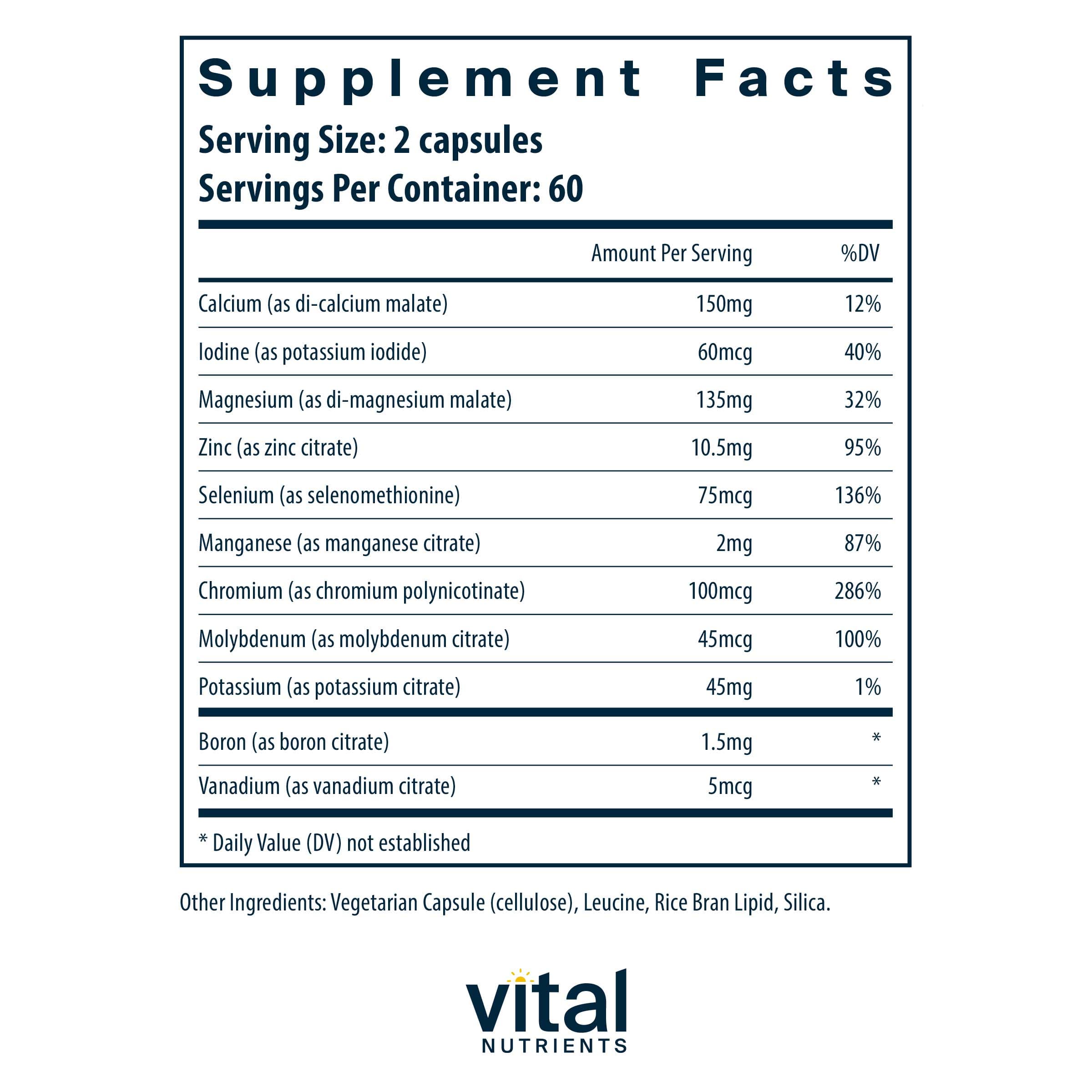 Vital Nutrients Multi-Minerals Citrate/Malate Formula (No Copper or Iron) Ingredients