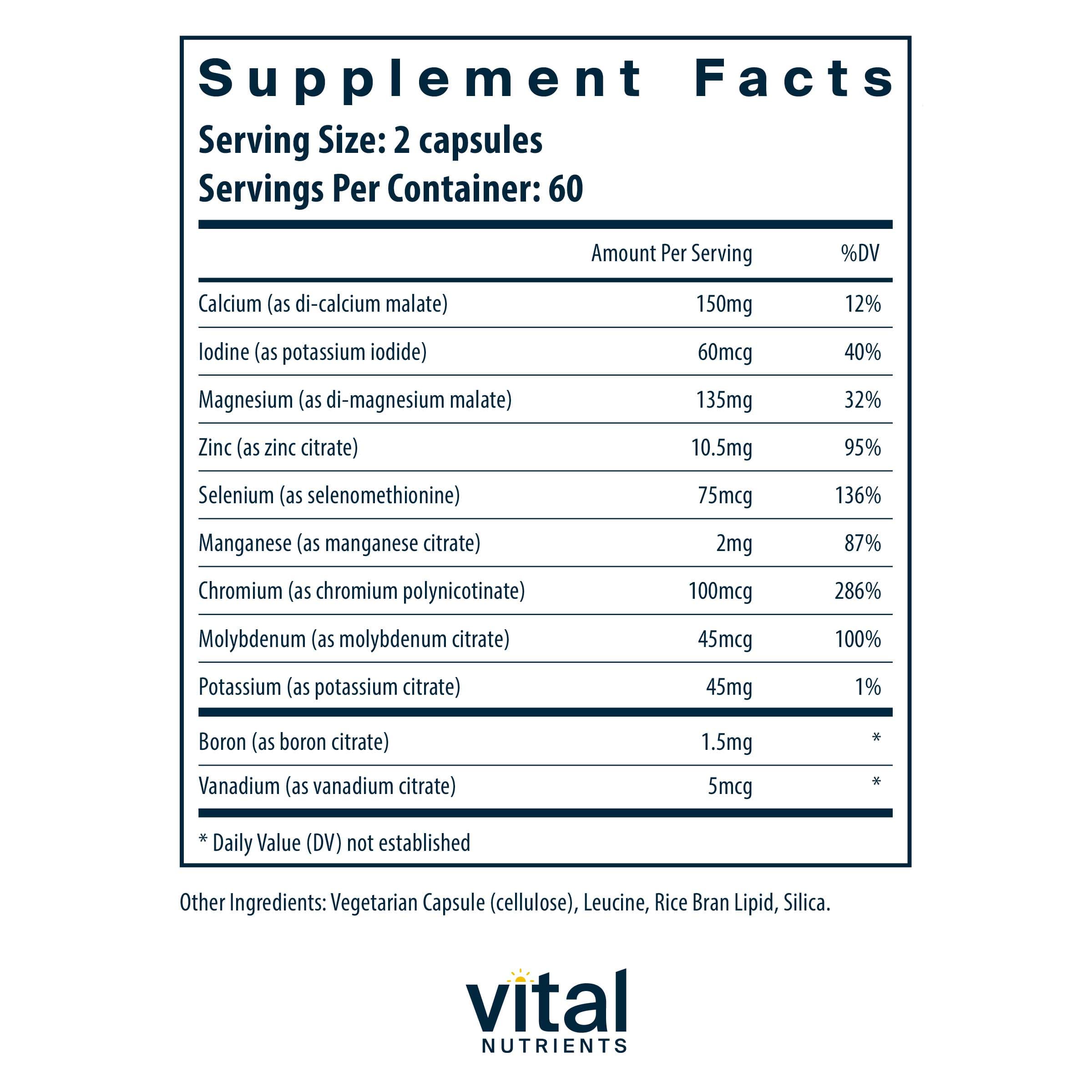 Vital Nutrients Multi-Minerals Citrate/Malate Formula (No Copper or Iron) Ingredients