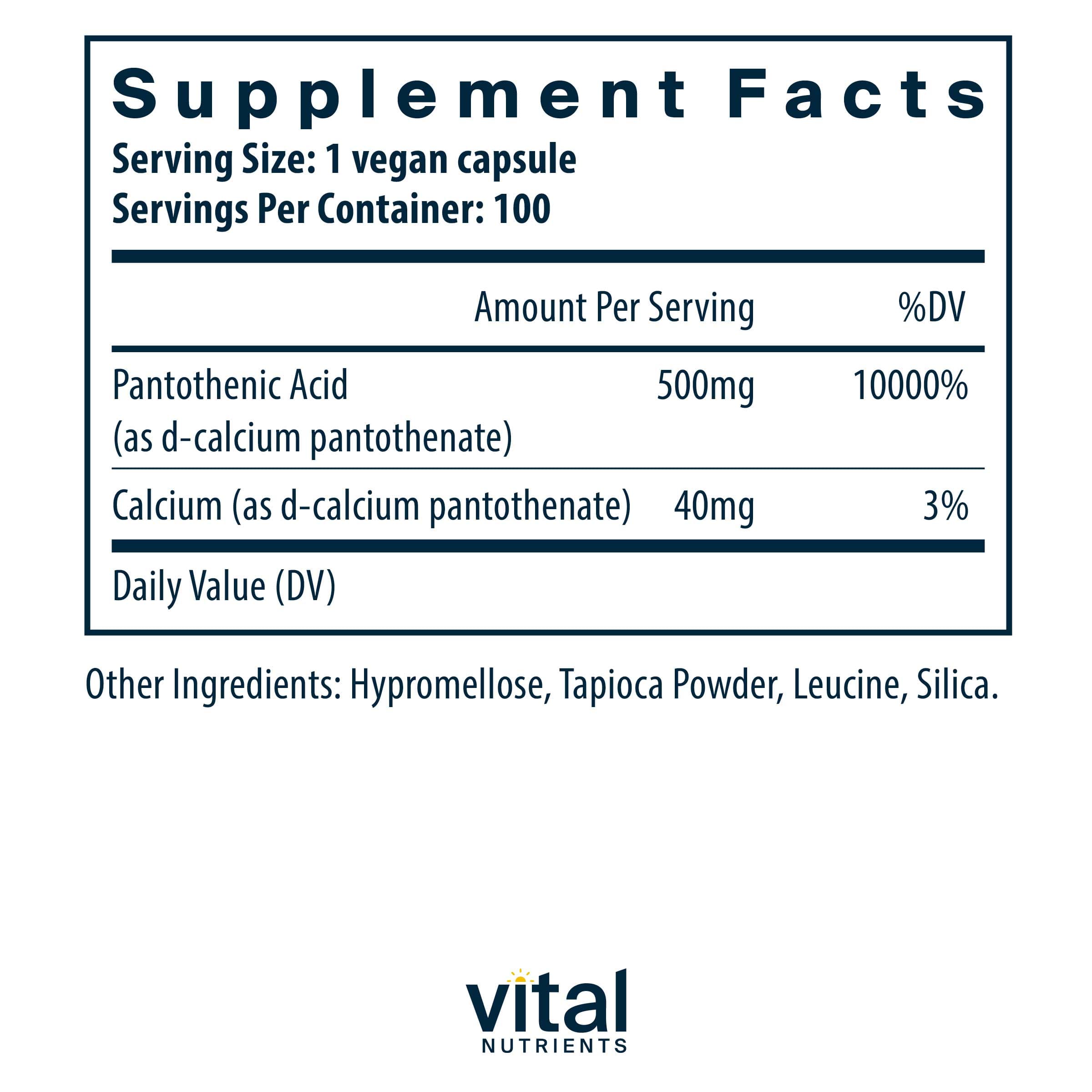Vital Nutrients Pantothenic Acid 500mg Ingredients
