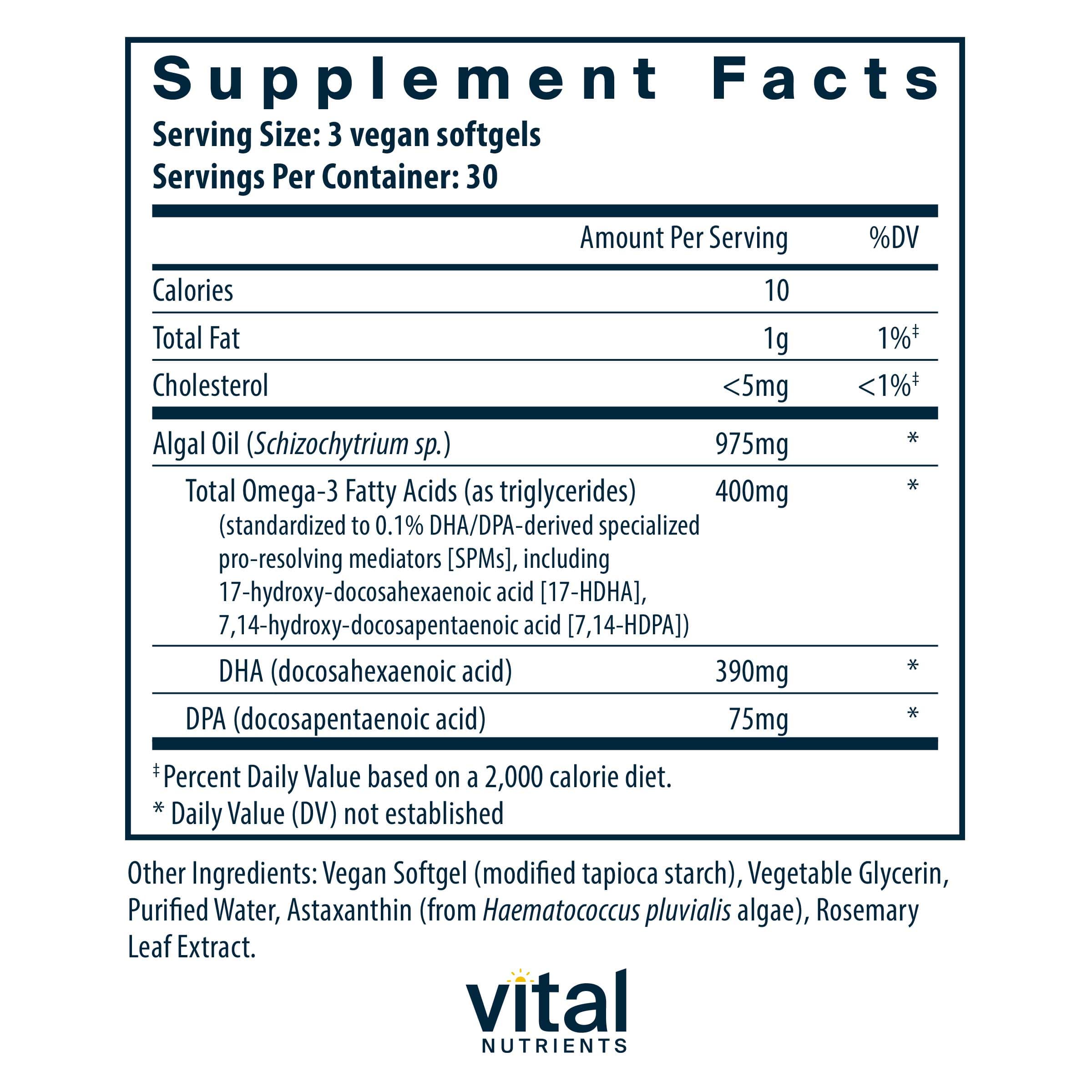 Vital Nutrients Ultra Pure® Vegan Omega SPM+ Ingredients