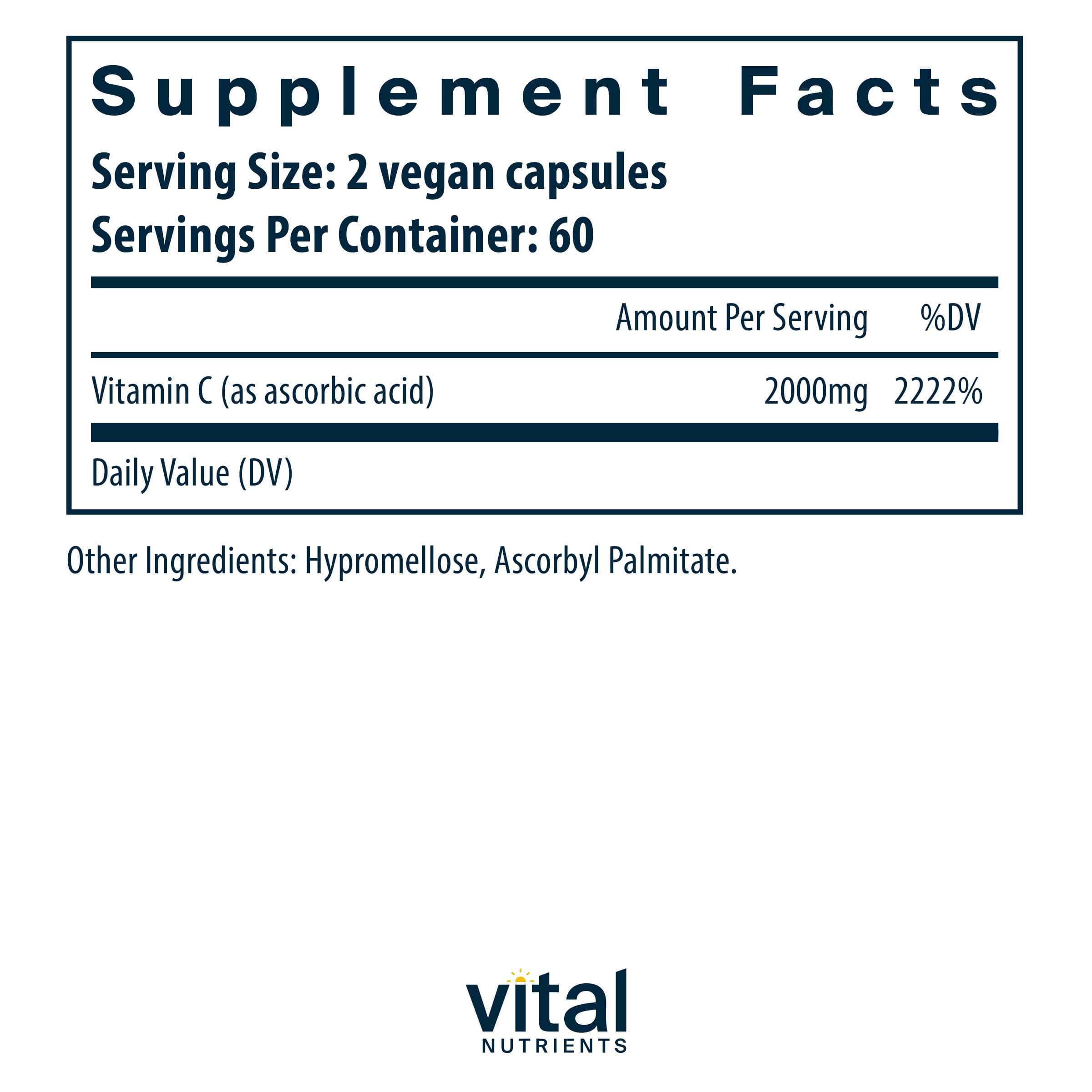 Vital Nutrients Vitamin C Veg Caps (100% Pure Ascorbic Acid) Ingredients