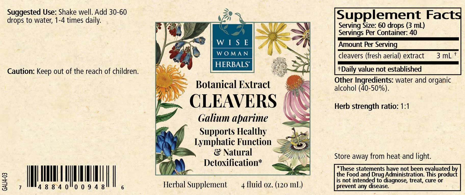 Wise Woman Herbals Cleavers (Galium aparine) Label