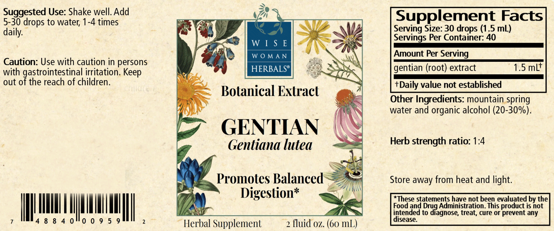 Wise Woman Herbals Gentian (Gentiana lutea) Label