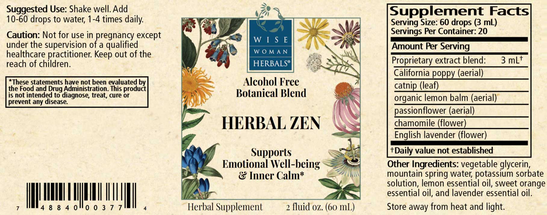 Wise Woman Herbals Herbal Zen (Formerly Kalmerite Glycerite) Label