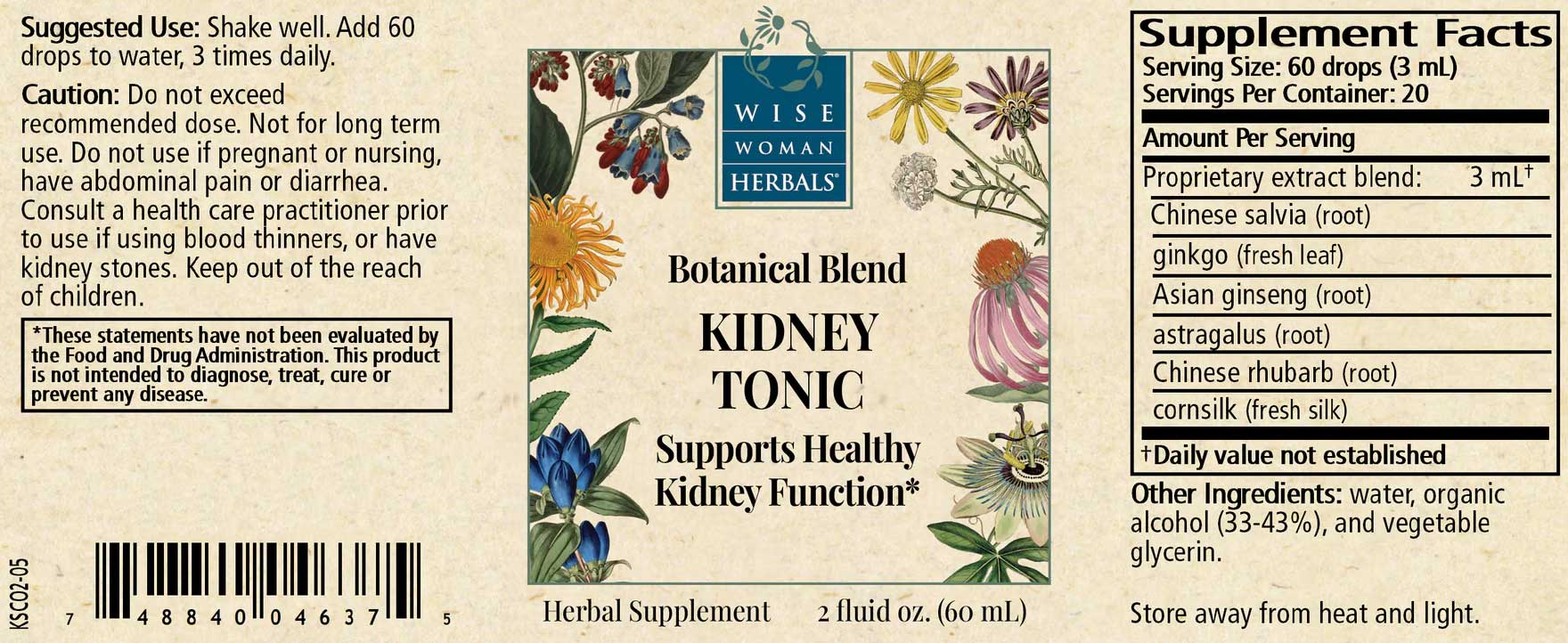 Wise Woman Herbals Kidney Tonic (Formerly Kidney Support) Label