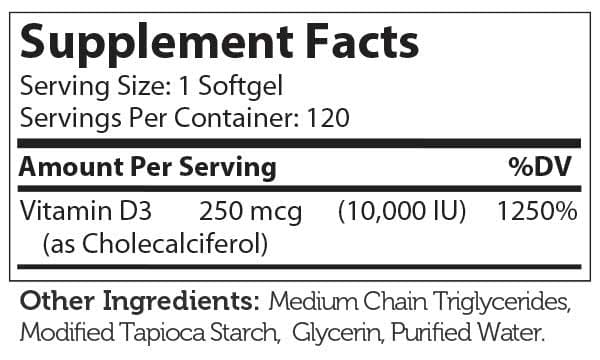 Advanced Nutrition By Zahler Vitamin D3 10,000 IU Softgels Ingredients