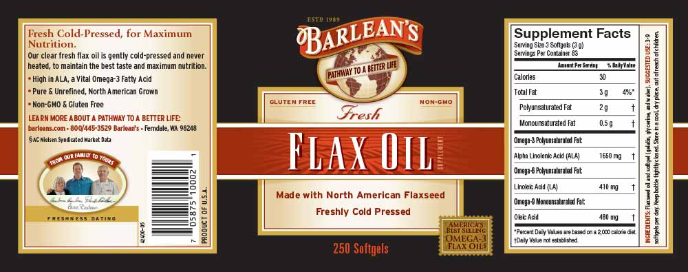 Barlean's Organic Oils Fresh Flax Oil Softgels Label