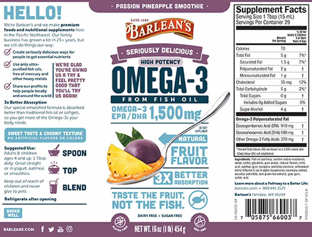 Barlean's Organic Oils Seriously Delicious™ Omega-3 High Potency Fish Oil Passion Pineapple Smoothie Label