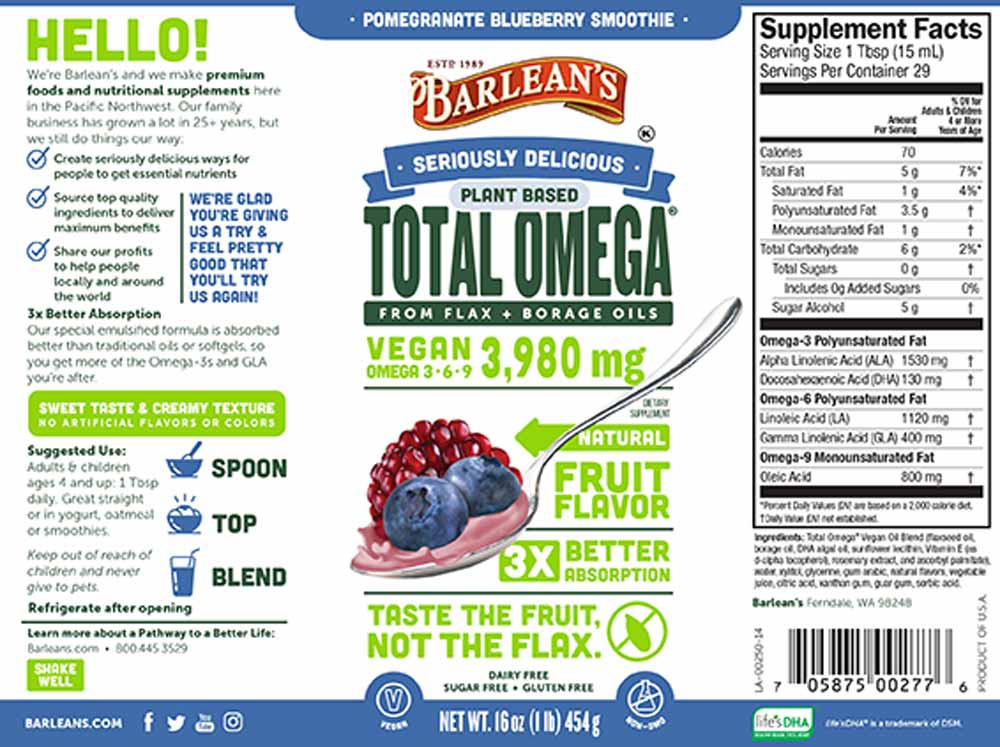 Barlean's Organic Oils Seriously Delicious™ Total Omega® Vegan Pomegranate Blueberry Smoothie Label