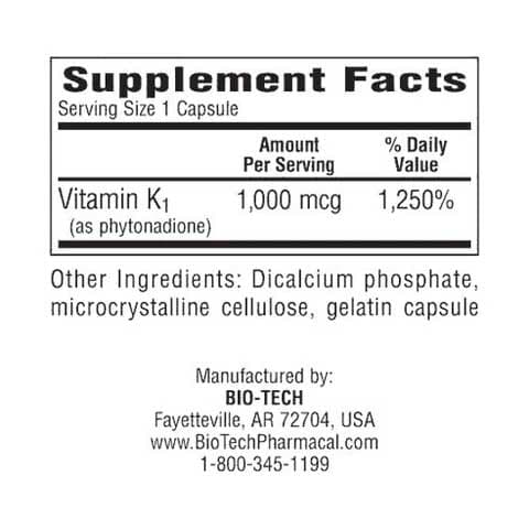 Bio-Tech Pharmacal K1-1000 (Vitamin K1) Ingredients
