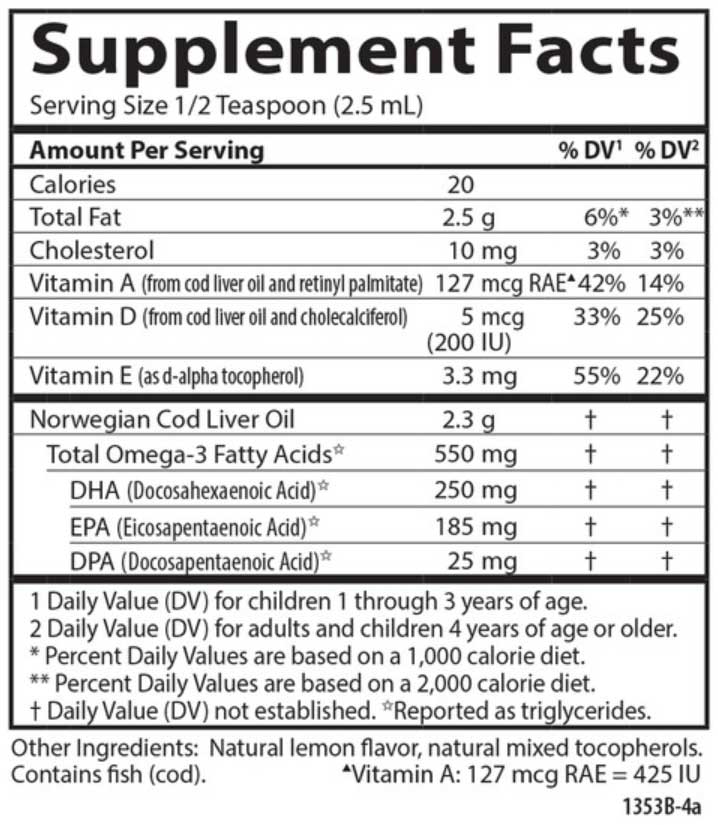 Carlson Labs Kids Norwegian Cod Liver Oil, Lemon Ingredients
