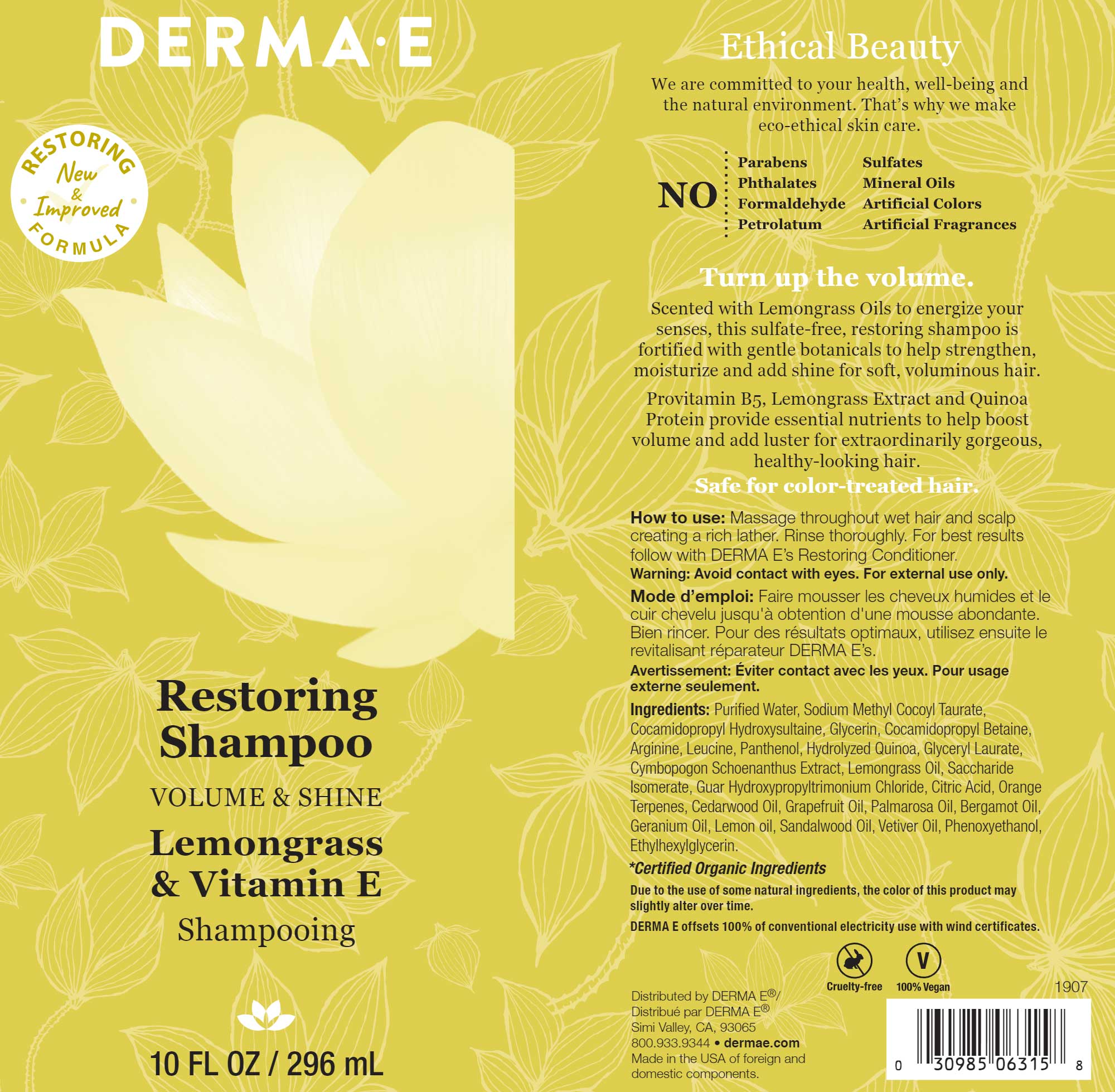DermaE Natural Bodycare Volume & Shine Restoring Shampoo Ingredients