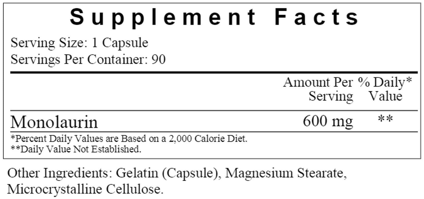 Ecological Formulas/Cardiovascular Research Monolaurin 600 mg Ingredients