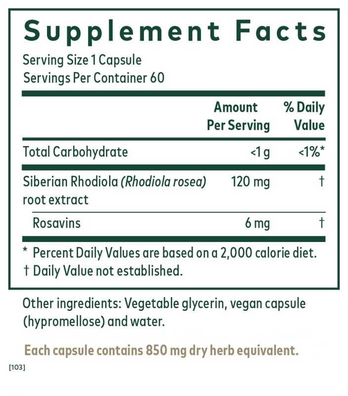 Gaia Herbs Professional Solutions Rhodiola (Formerly Rhodiola Rosea) Ingredients 