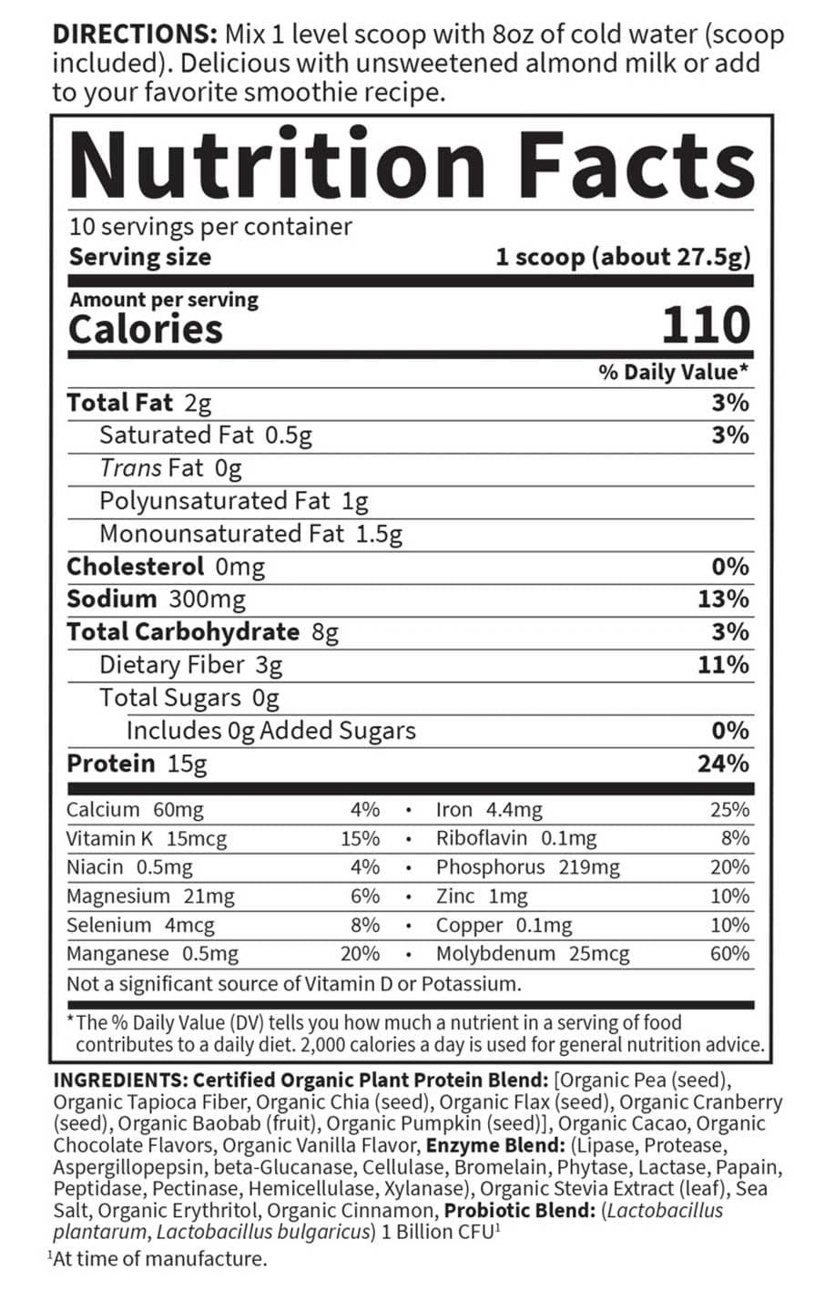 Garden of Life Organic Plant Protein Powder Ingredients