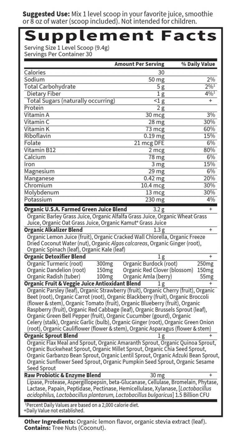 Garden of Life Raw Organic Perfect Food Alkalizer and Detoxifier Powder Ingredients