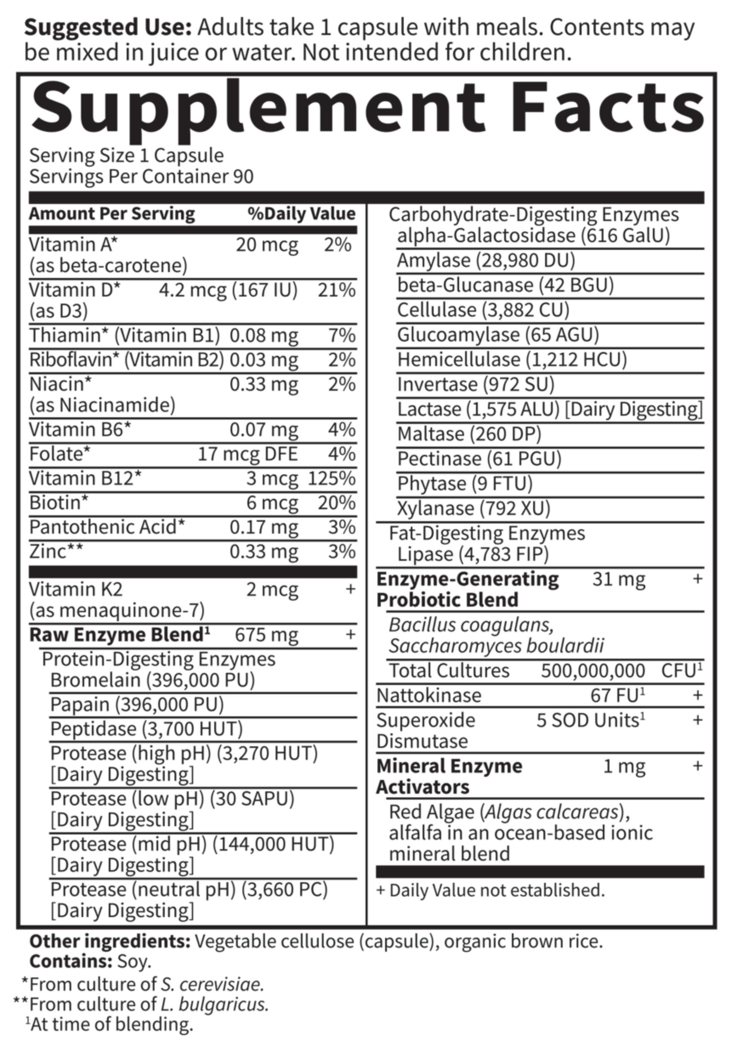 Garden of Life RAW Enzymes Men 50 & Wiser Ingredients