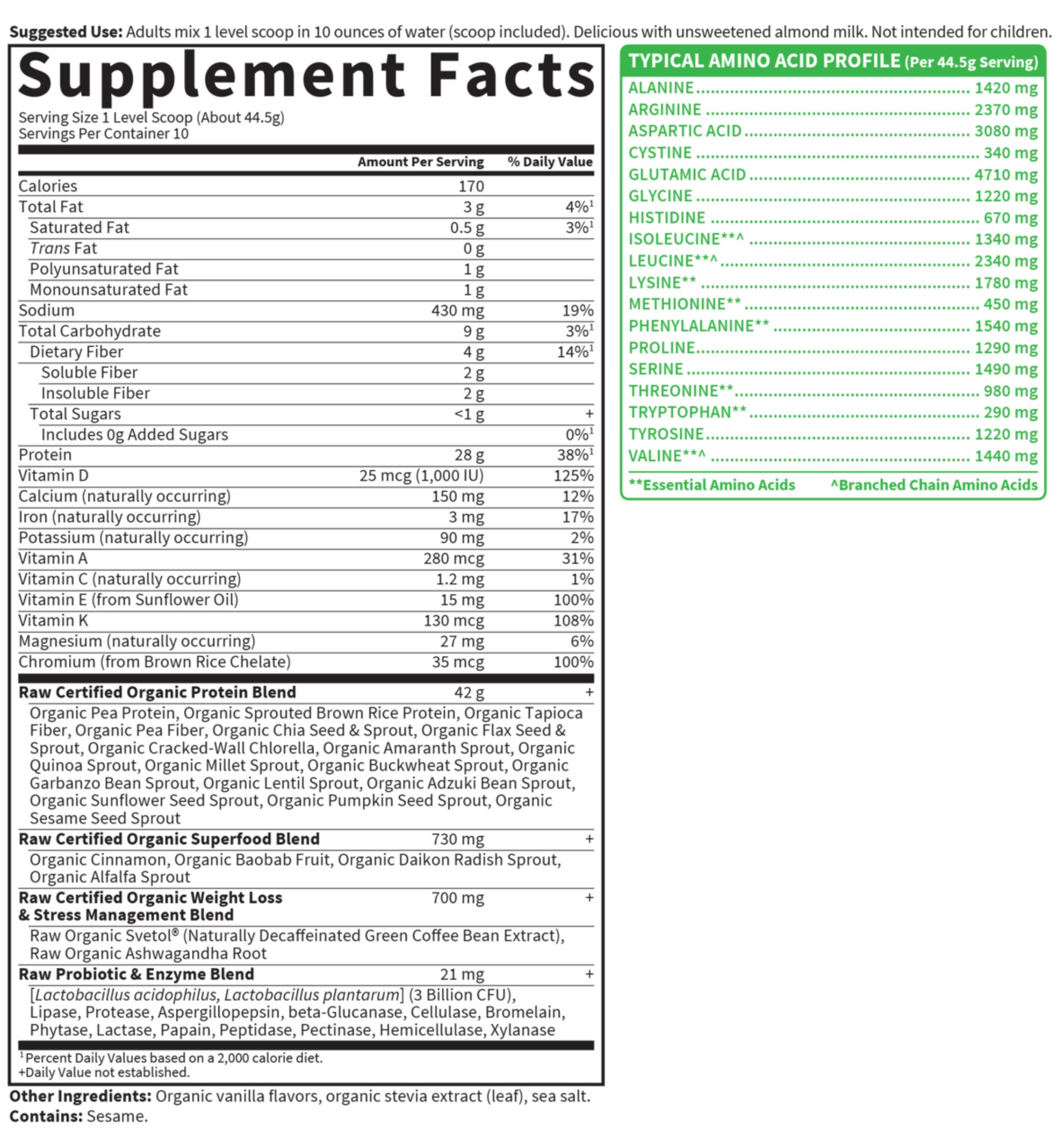 Garden of Life Raw Organic Fit Protein Ingredients