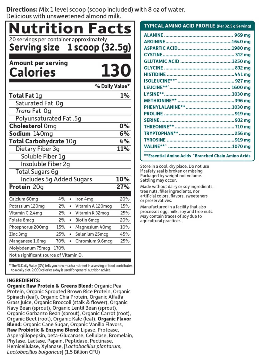 Garden of Life Raw Organic Protein and Greens Powder Ingredients