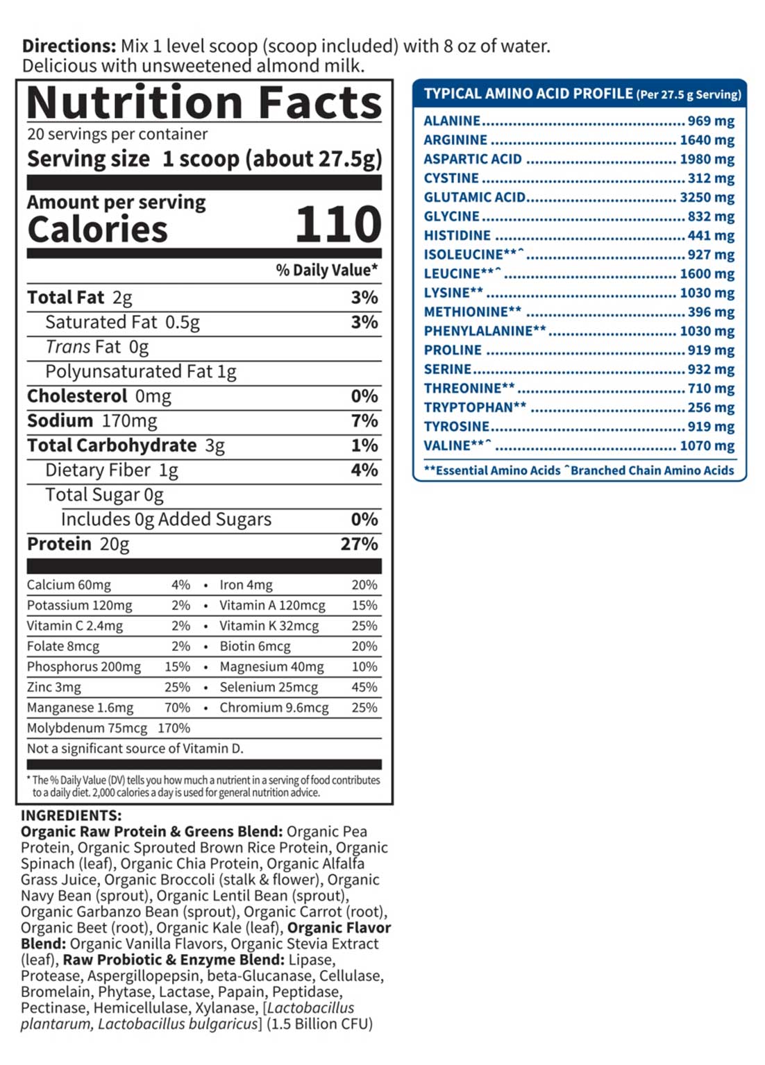 Garden of Life Raw Organic Protein and Greens Powder Ingredients