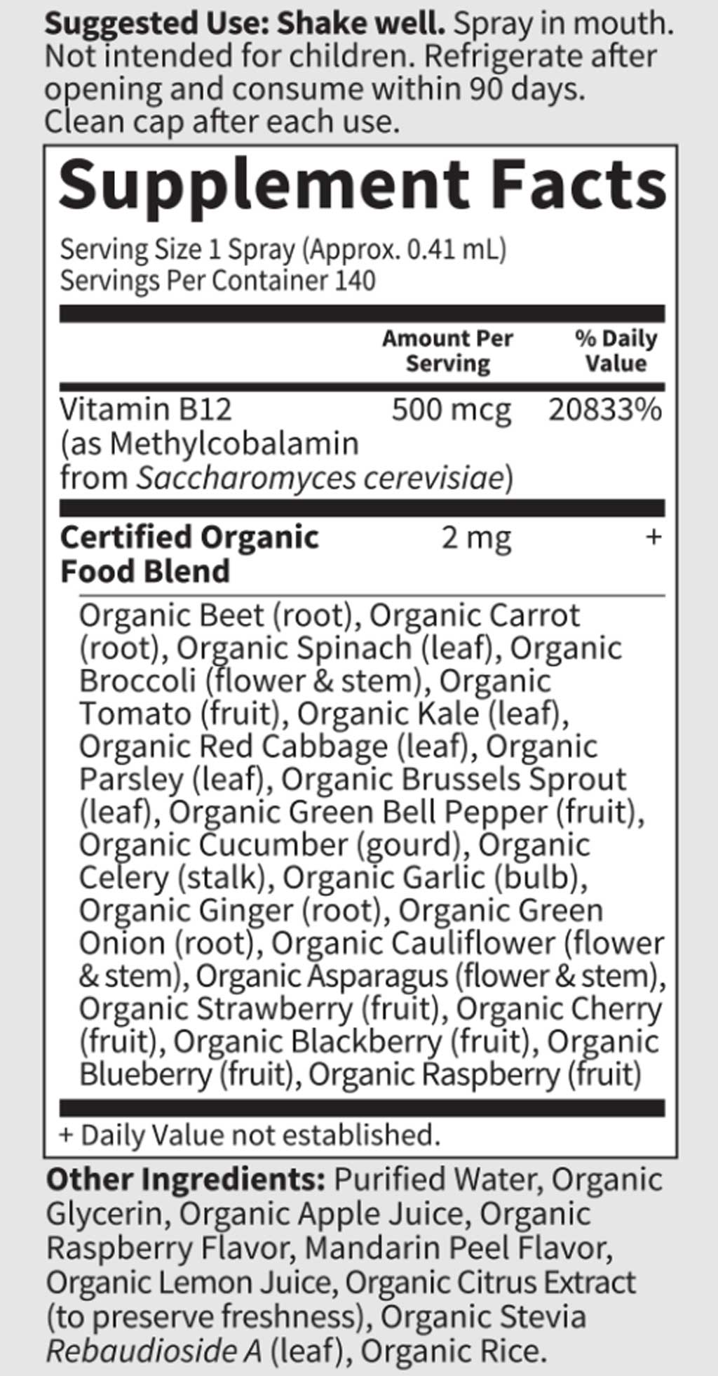 Garden of Life mykind Organics B-12 Organic Spray Ingredients