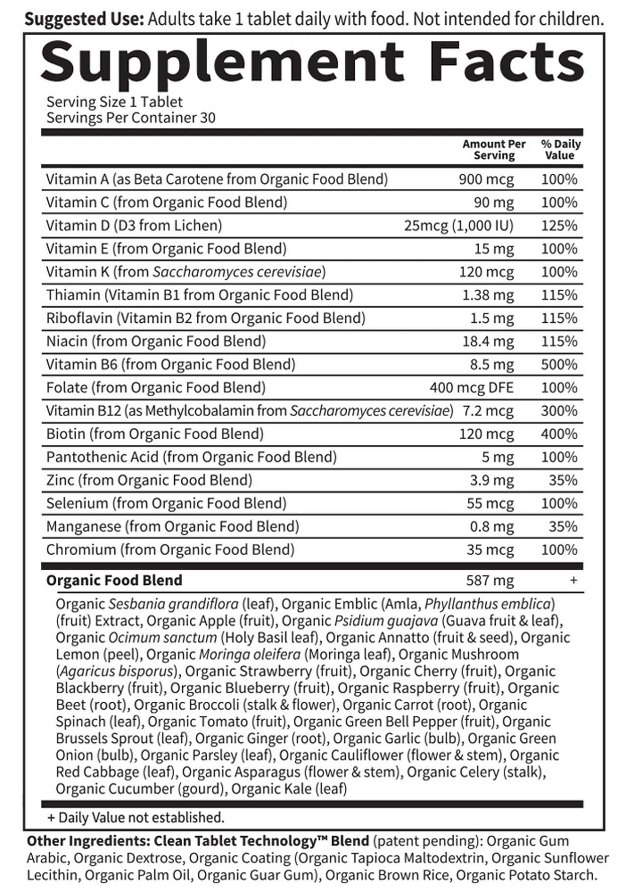 Garden of Life mykind Organics Men's Once Daily Multivitamin Ingredients