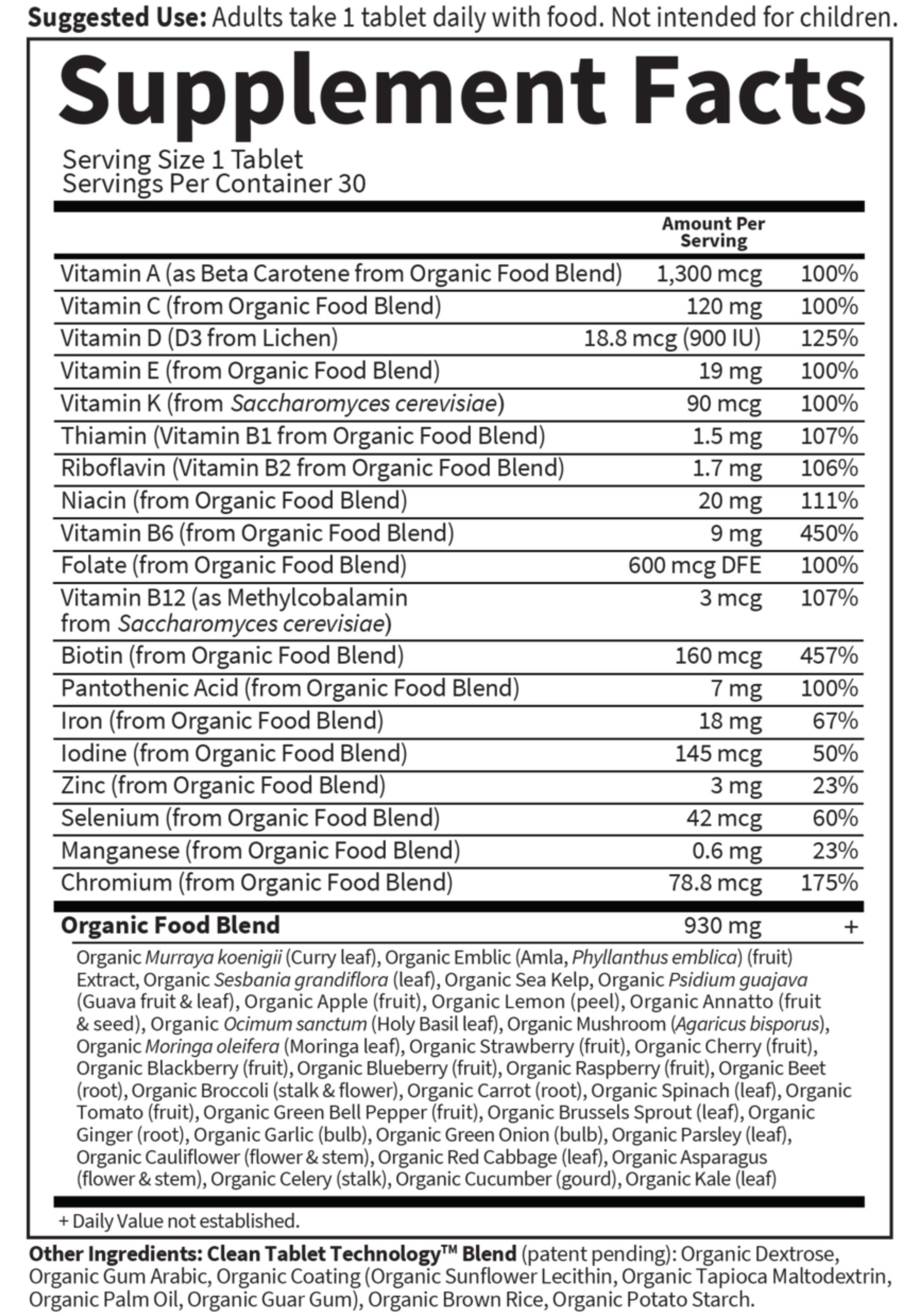 Garden of Life Organics Prenatal Once Daily Ingredients